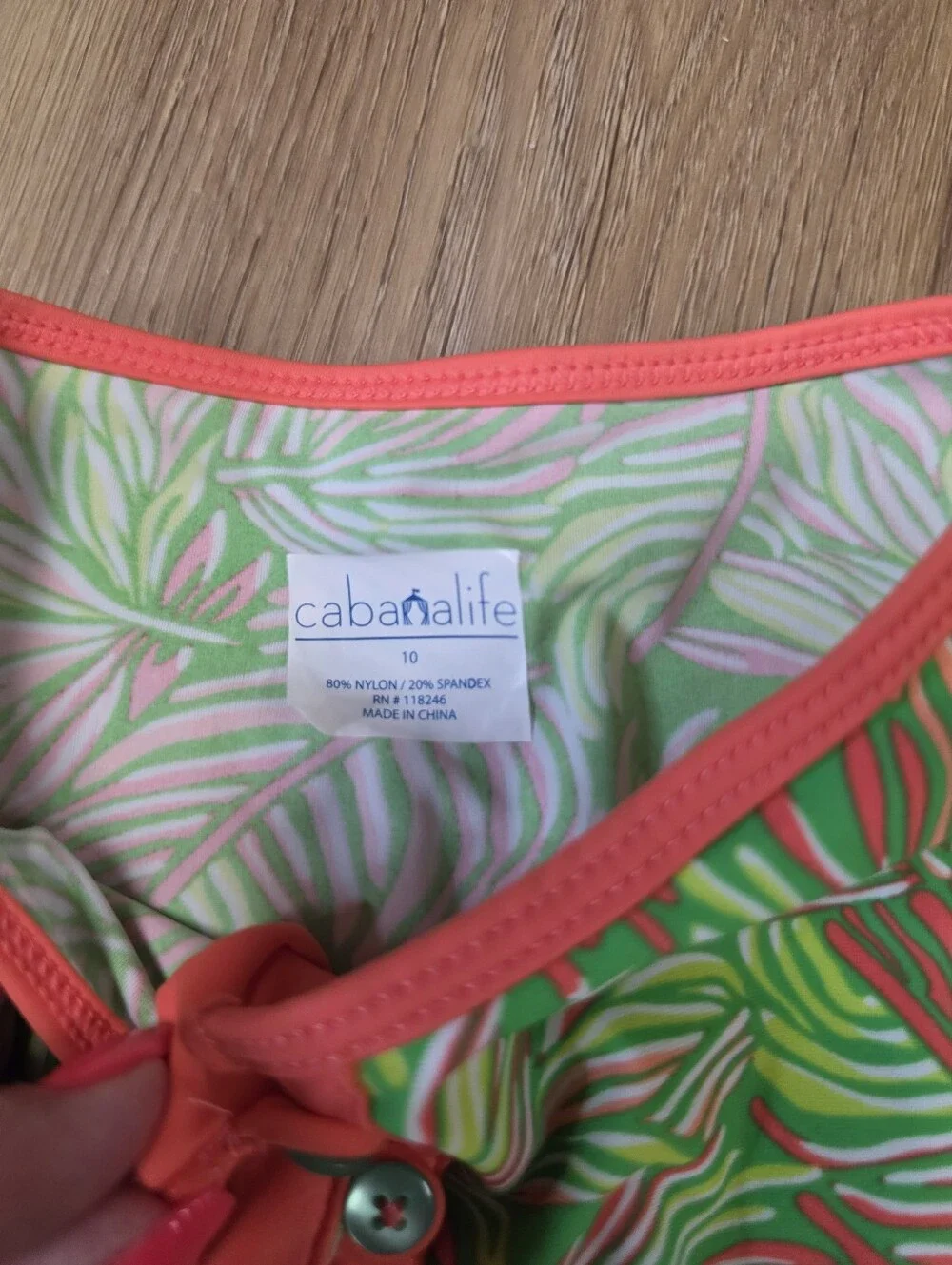Cabana Life Coral Trim Green Pink Tropical Print Swim Top, Bottoms, Rashguard